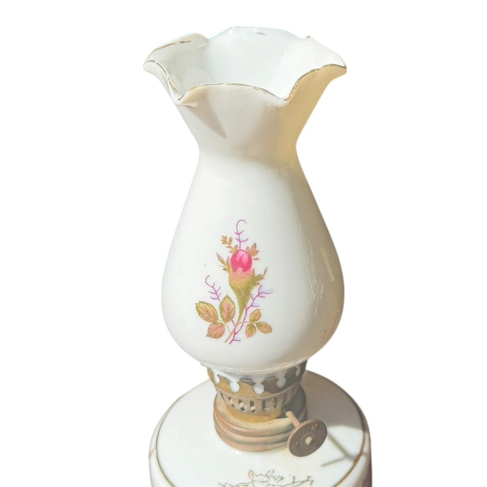 Vintage Japan Porcelain Floral Oil Lamp Pink Roses Gold Trim Hurricane Style 10" - Picture 11 of 15